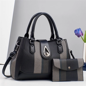 Women Striped Tote Bag Set Large Capacity PU Leather Woven Handbag With Detachable Shoulder Strap Retro Casual