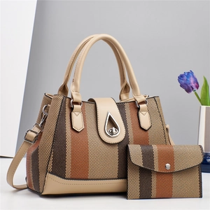 Retro large tote bag with striped canvas and leather, including matching wallet and strap