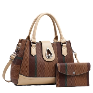 Retro large capacity tote bag and pouch set with brown striped pattern and leather straps