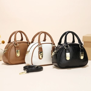 Mini Boston style handbag in brown white and black with detachable adjustable shoulder strap