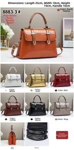 Detailed view of crocodile pattern handbag with size chart and multiple color options