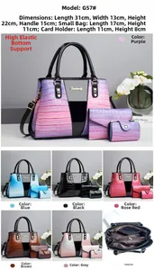 Detailed views of luxury crocodile-embossed gradient 3-piece bag set with dimensions