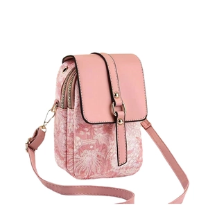 Pink crossbody phone bag with floral embroidery and dual zipper compartments
