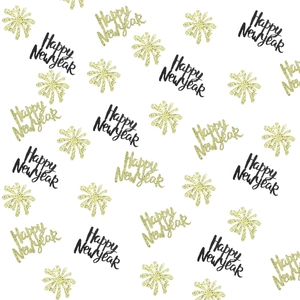 Glitter gold and black Happy New Year party confetti with festive firework shapes