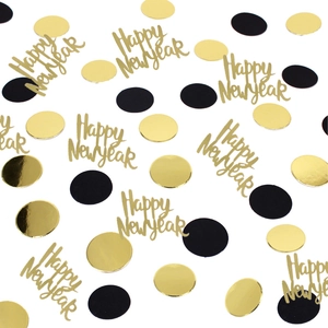 Golden Happy New Year letter confetti with black and gold round sequins for party decor