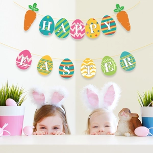 Colorful Happy Easter banner with egg cards and plush rabbit ear headbands for kids