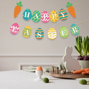 Colorful Happy Easter egg and carrot banner hanging for holiday party wall decoration