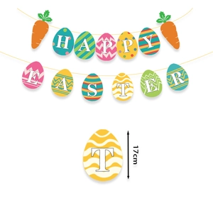 Colorful Happy Easter banner with carrot and egg shapes for festive party decoration