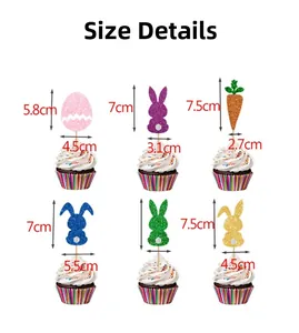 Size chart for Easter glitter cupcake toppers showing bunny and egg dimensions