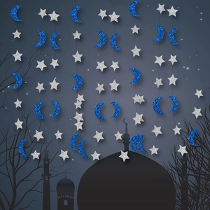 Guirlande à paillettes avec lunes bleues et étoiles argentées pour décoration de l'Aïd