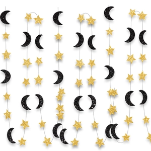 Guirlande d'étoiles dorées et lunes noires pailletées pour décoration de fête d'Orient