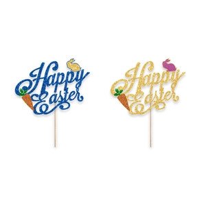 Topper per torta Happy Easter glitterati con conigli e carote in oro e blu