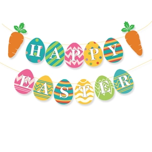 Colorful Happy Easter egg banner with carrot accents and geometric patterns for party decor
