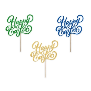 Glitzernde Happy Easter Kuchendeko in Gold, Grün und Blau mit Holzstäbchen