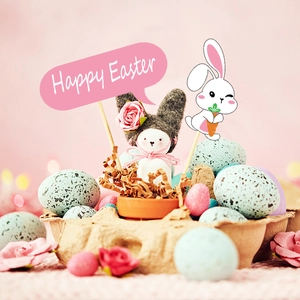 Set decorativo de Pascua con conejo de fieltro, huevos de colores y cartel Happy Easter
