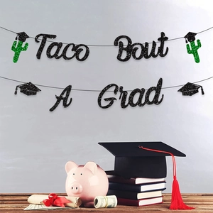 Bannière de Fête de Remise des Diplômes Taco Bout A Grad Papier Pailleté Thème Mexicain Cactus Toque Décoration