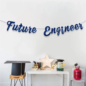 Sparkling dark blue glitter banner with Future Engineer text for graduation party decor