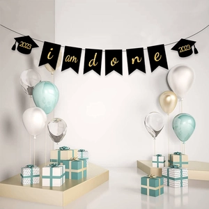 2026 Graduation party banner with I am done gold lettering and mortarboard decor