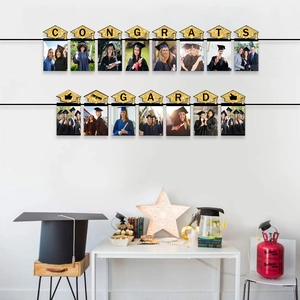 Congrats Grad Photo Banner Glitter Paper Graduation Party Decoration DIY Picture Garland With Clips Black Gold
