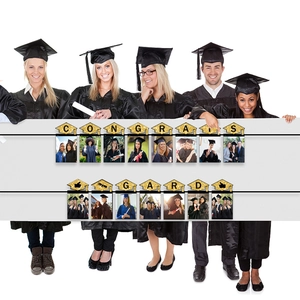 Gold glitter graduation photo banner with Congrats Grad clips for party wall decoration
