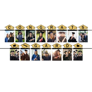Glittery gold graduation photo banner with Congrats letters and black cap card holders