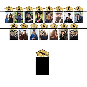 Glittery gold graduation photo banner with CONGRATS GRAD cardstock and hat motifs