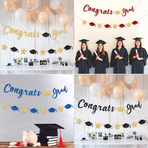 Congrats Grad glitter banner set with stars and graduation caps in multiple colors