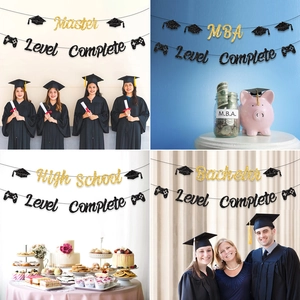 Bannière de Remise des Diplômes Level Complete à Paillettes Noir Or Master Bachelor PHD MBA College High School Guirlande Décoration de Fête