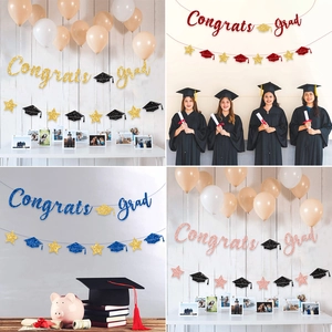 Glitter Congrats Grad Graduation Banner With Cap Star Paper Bunting For Graduation Party Decoration Classroom Wall Decor
