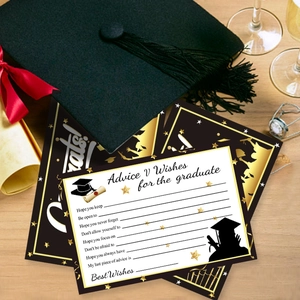 Elegant black and gold graduation advice cards with congrats theme for party guests