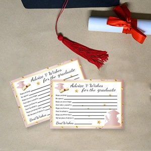 Pink and white graduation advice cards set with mortarboard and gold star accents