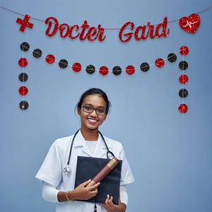 Striscione glitterato Doctor Grad e simboli medici per decorazioni festa di laurea