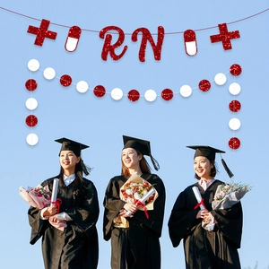 Striscione laurea infermiera RN con glitter rossi e decorazioni a tema medico festa