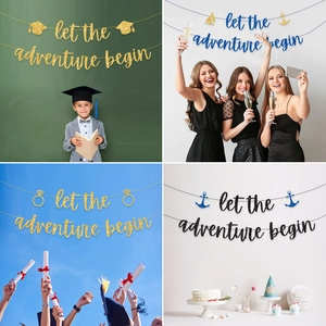 Let The Adventure Begin Banner Graduation Party Decorations Gold Blue Black Glitter Paper Doctoral Cap Anchor Ship Ring