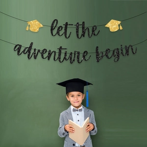 Let the Adventure Begin graduation banner with black glitter letters and gold graduation caps