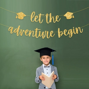 Let the adventure begin graduation banner with gold glitter letters and graduation caps