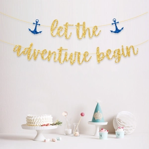 Detail of Let the Adventure Begin gold glitter banner with blue anchors for party decor