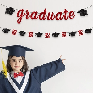 Red glitter graduate banner with 2024 graduation cap garland for party wall decoration