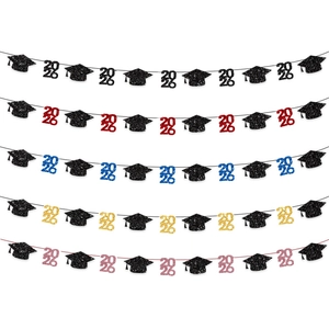 2026 graduation party banners with glitter black caps and tassels in multiple colors