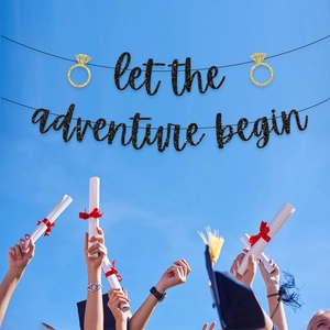 Let the adventure begin black glitter banner decoration for graduation parties