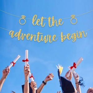 Gold glitter banner reading let the adventure begin against a blue sky with graduates