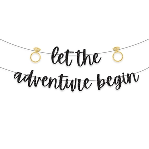 Glittery black and gold Let the Adventure Begin banner for graduation party decor