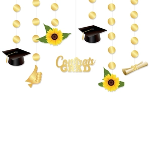 Graduation party decoration set featuring sunflower, mortarboard, and Congrats GRAD banner