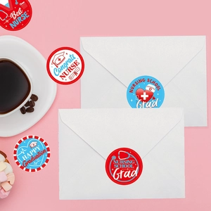 Nursing school graduation stickers with nurse hat and stethoscope motifs for gift sealing