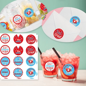 Nursing graduation stickers featuring nurse caps and stethoscopes for party decorations
