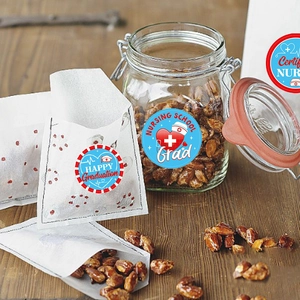 Nursing School Graduation stickers featuring a nurse hat, stethoscope, and red heart designs