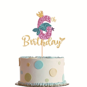Pink and gold glitter 6th birthday cake topper with mermaid tail and crown accents