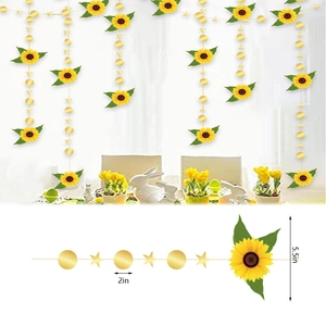 Sunflower Garland String With Gold Glitter Discs And Stars Paper Hanging Banner For Graduation Wedding Party Decor