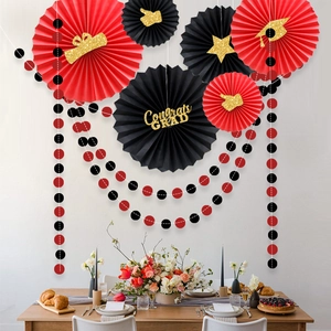 Congrats GRAD graduation paper fan set in red black and gold for party decorations