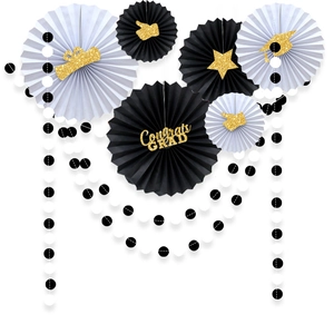 Congrats Grad graduation party decoration set with black and gold paper fans and star accents